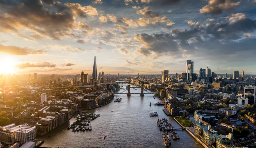A panoramic view of the city of London at sunset